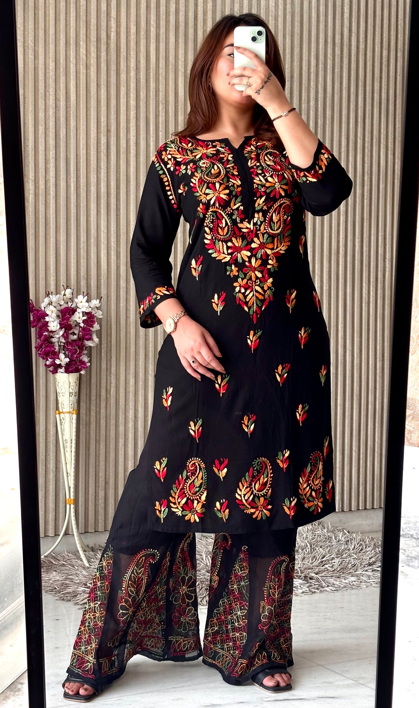 Noir Blossom: Black Booti Chikankari Kurti & Sharara Set – Luxe Festive Charm