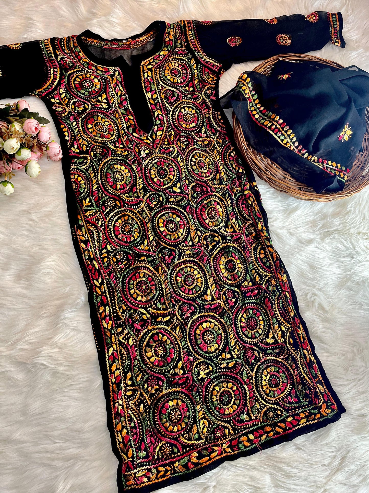 Georgette Multi- Thread Ring Jaal Kurti & amp, Dupatta Set