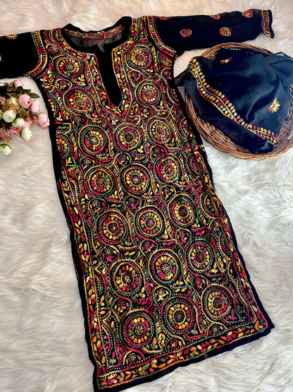 Georgette Multi- Thread Ring Jaal Kurti & amp, Dupatta Set