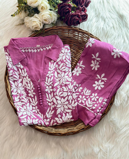 Rasha Chikankari Premium Modal Short Kurti & Pant Co Ord Set