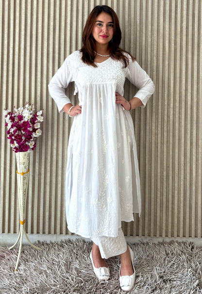 Pure White Nyra-Cut Chikankari Kurti & Pant Set | Luxe Everyday Elegance by Chikankari Luxe