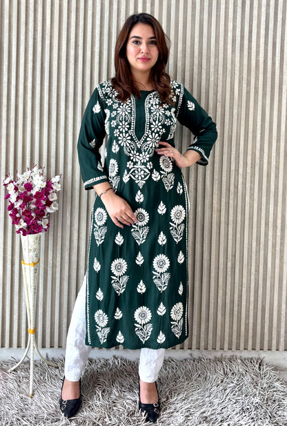 Royal Emerald Green Nyra-Cut Chikankari Kurti & Pant Set – Luxe Everyday Elegance