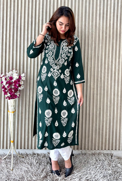 Royal Emerald Green Nyra-Cut Chikankari Kurti & Pant Set – Luxe Everyday Elegance