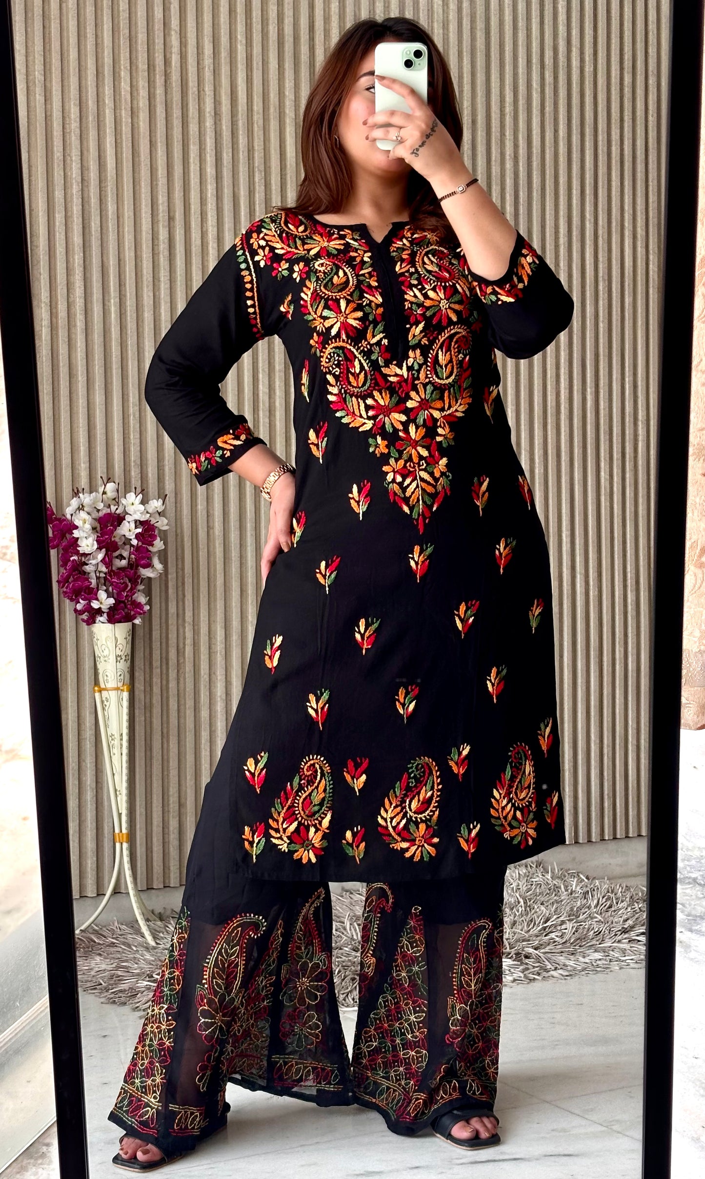 Noir Blossom: Black Booti Chikankari Kurti & Sharara Set – Luxe Festive Charm