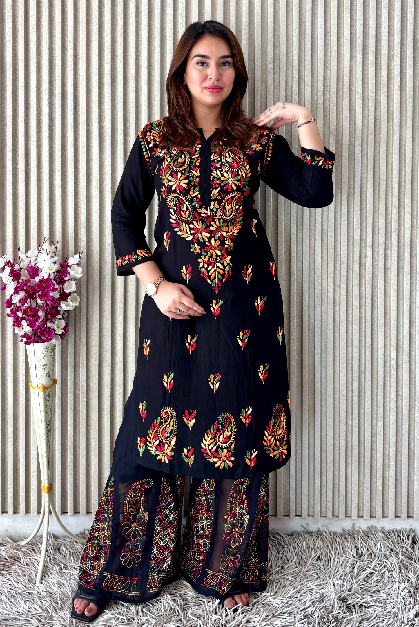 Noir Blossom: Black Booti Chikankari Kurti & Sharara Set – Luxe Festive Charm