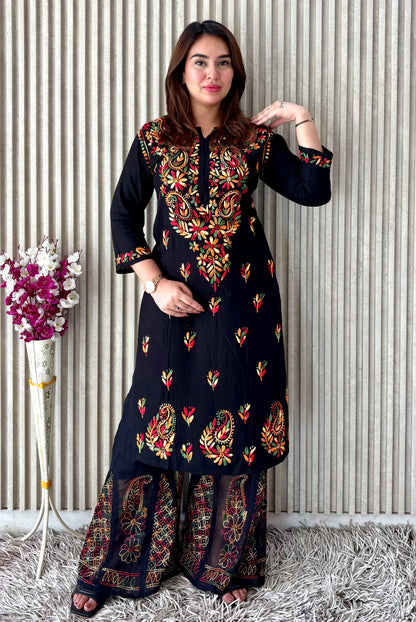 Noir Blossom: Black Booti Chikankari Kurti & Sharara Set – Luxe Festive Charm