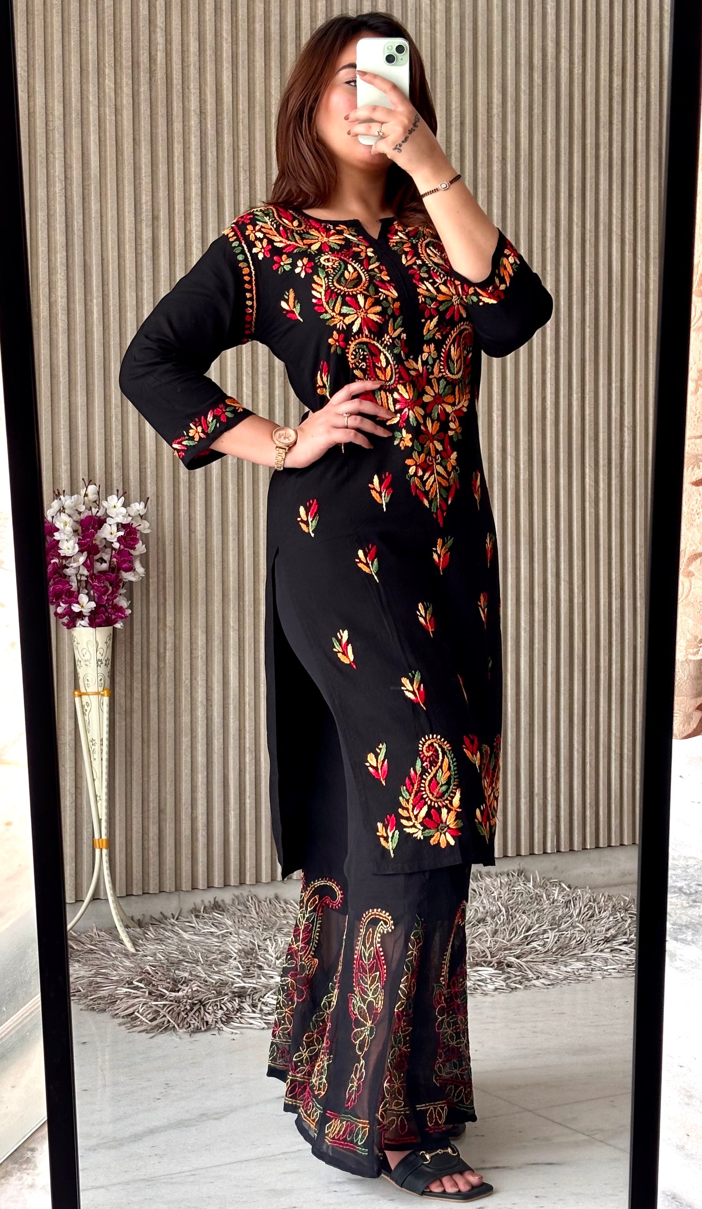 Noir Blossom: Black Booti Chikankari Kurti & Sharara Set – Luxe Festive Charm