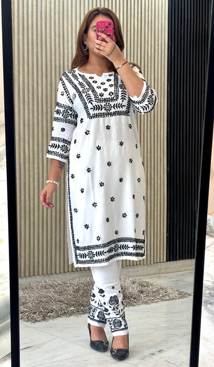 Noor-e-Monochrome | White Rayon Chikankari Kurti & Lycra Pant Set with Black Threadwork
