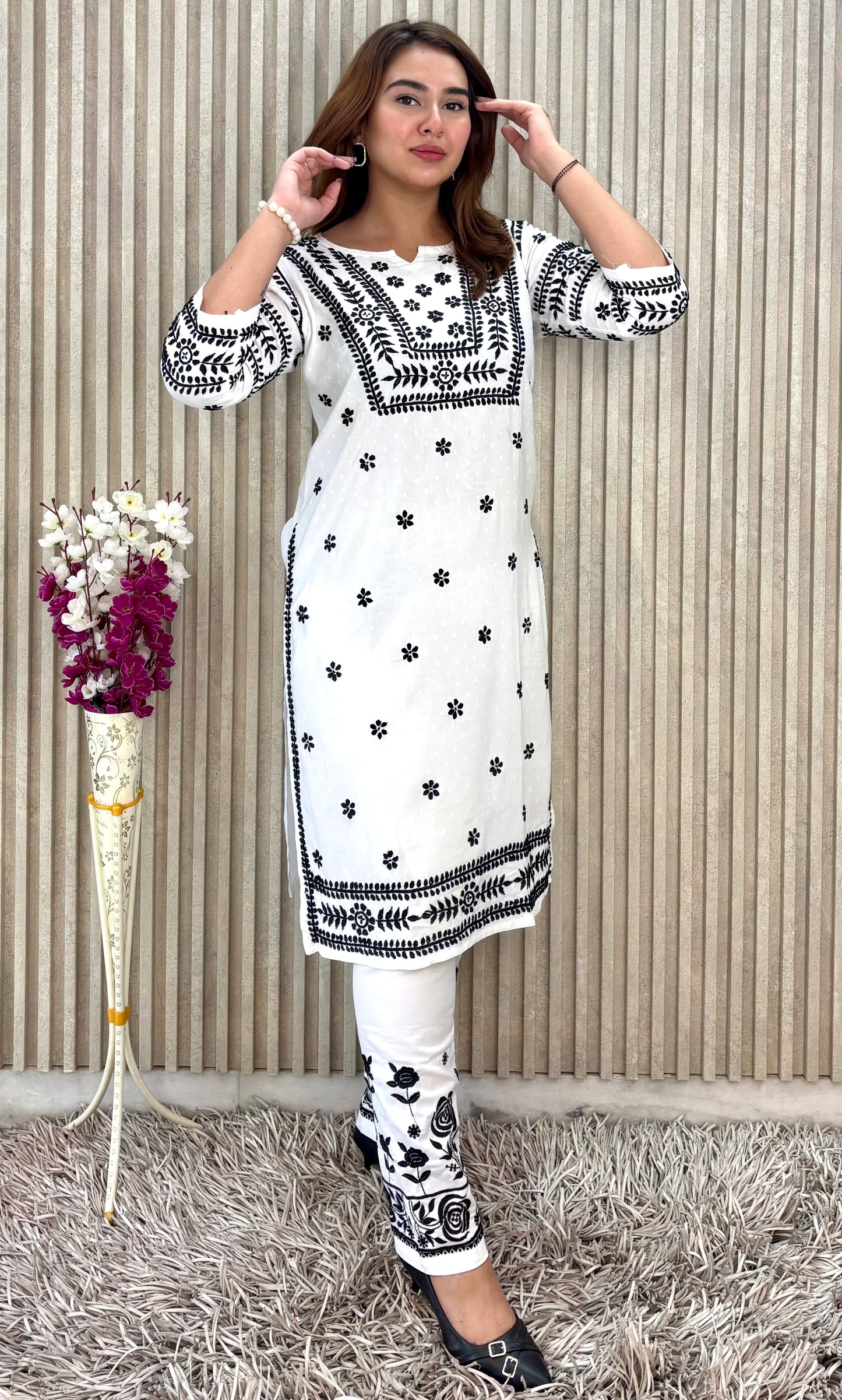 Noor-e-Monochrome | White Rayon Chikankari Kurti & Lycra Pant Set with Black Threadwork
