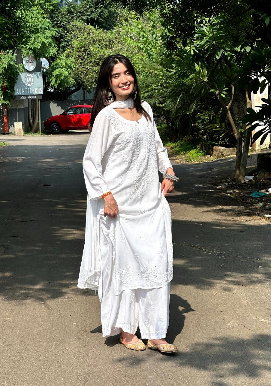Haniya White Chikankari Rayon Kurti Set with Mukesh Work & Dupatta