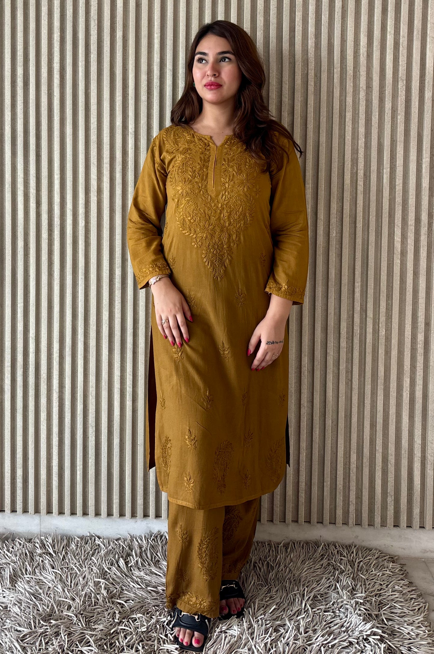 Shiza Chikankari Gold Rayon Co-ord Set
