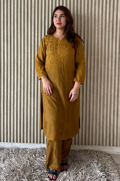 Shiza Chikankari Gold Rayon Co-ord Set