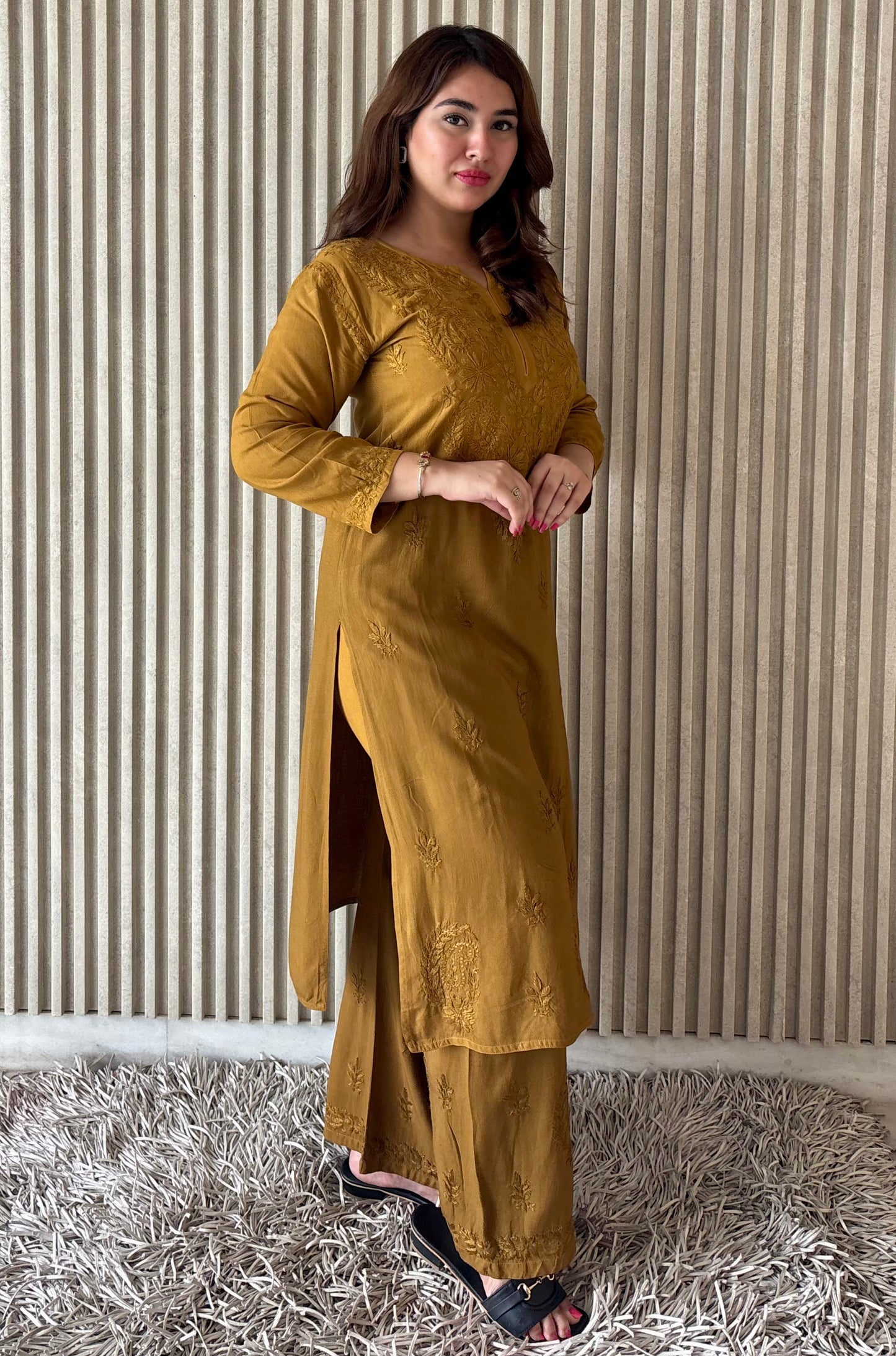 Shiza Chikankari Gold Rayon Co-ord Set