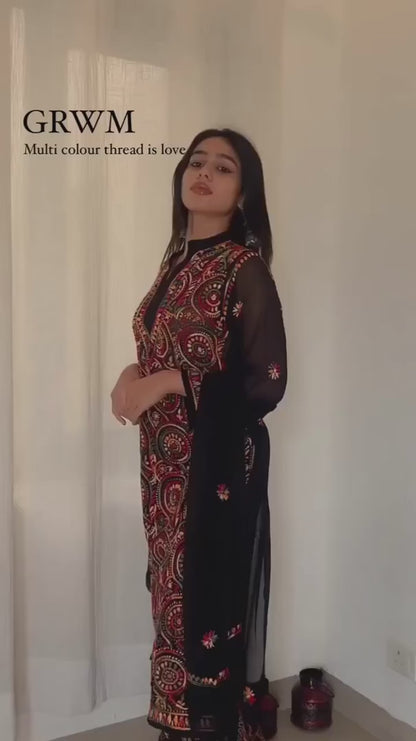 Georgette Multi- Thread Ring Jaal Kurti & amp, Dupatta Set
