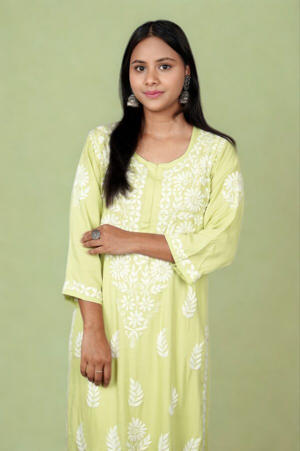 Light Green Rayon Chikankari Kurti - Image 5