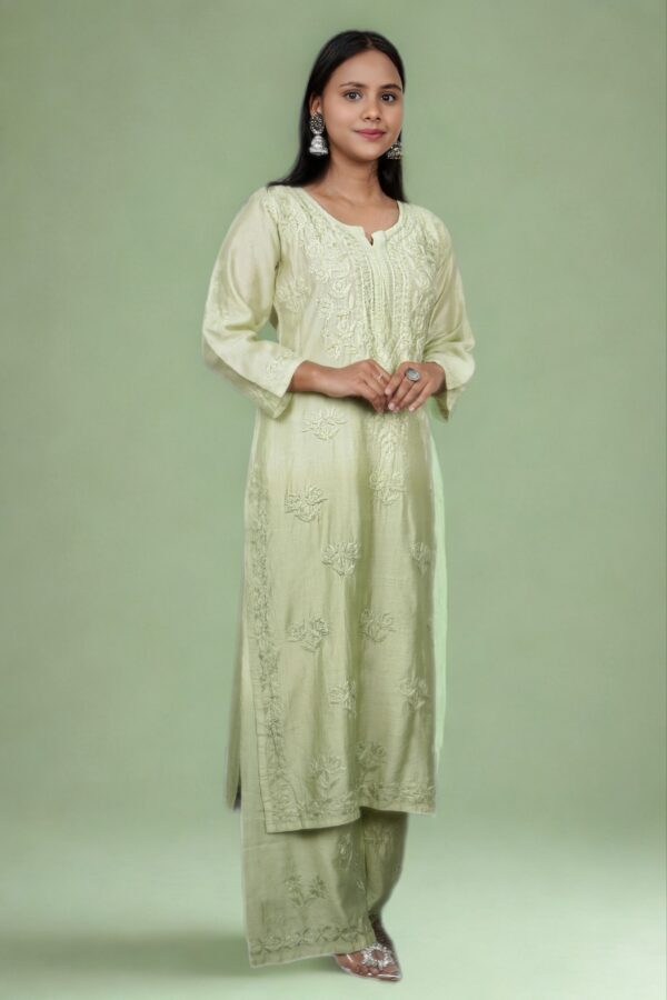 Chanderi Cotton Chikankari Kurti Set - Image 3