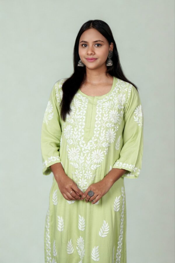 Light Green Rayon Chikankari Kurti - Image 4
