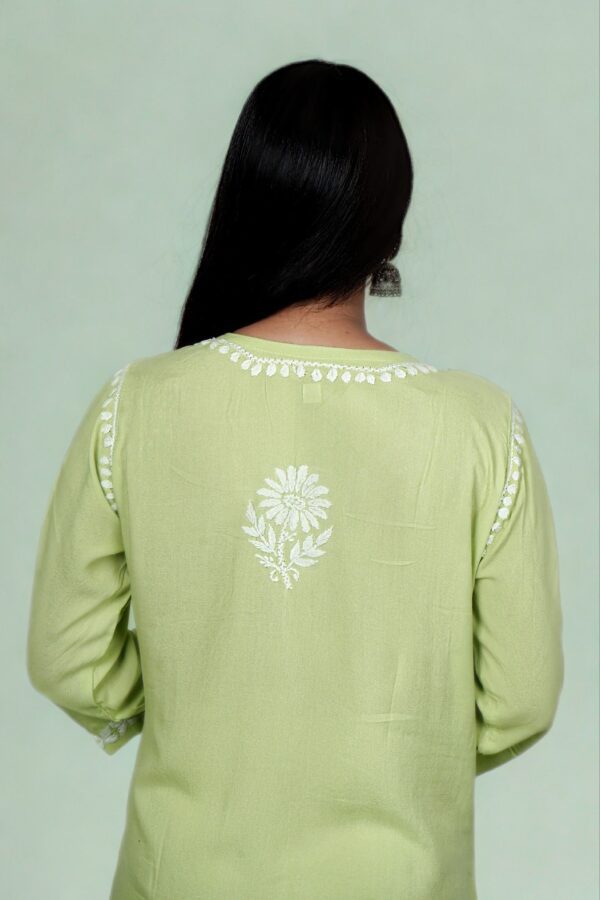 Light Green Rayon Chikankari Kurti - Image 3