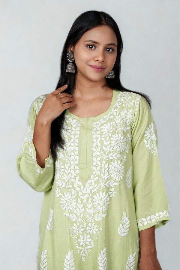 Light Green Rayon Chikankari Kurti - Image 2
