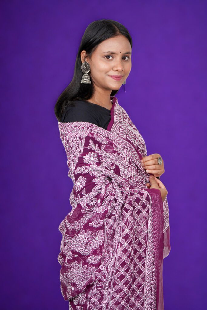 Girl wearing Chikankari Saree