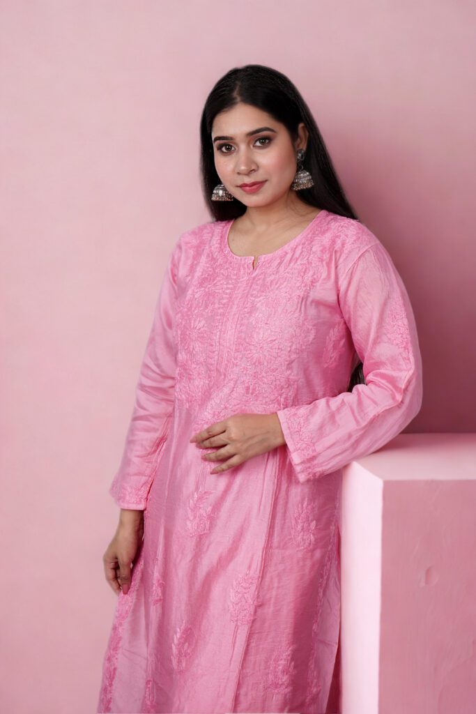 3915e751-4ff1-4ac8-849a-72cd16b14bfc Model wearing Pink Chikankari Kurta