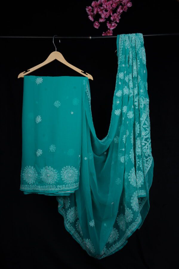 Blue chikankari saree palla work